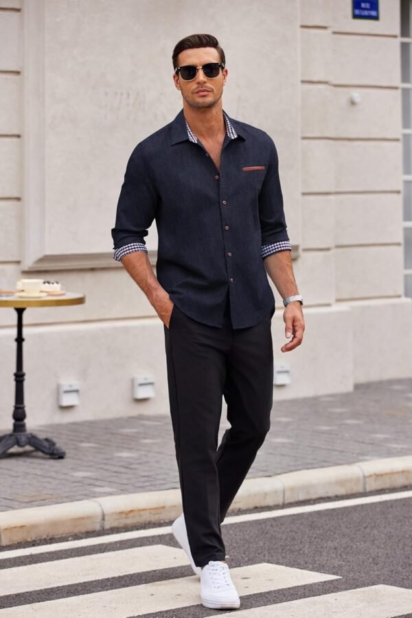 Men's Long Sleeve Casual Button Down Shirts Untucked Shirts Plaid Collar Vintage Denim Shirt