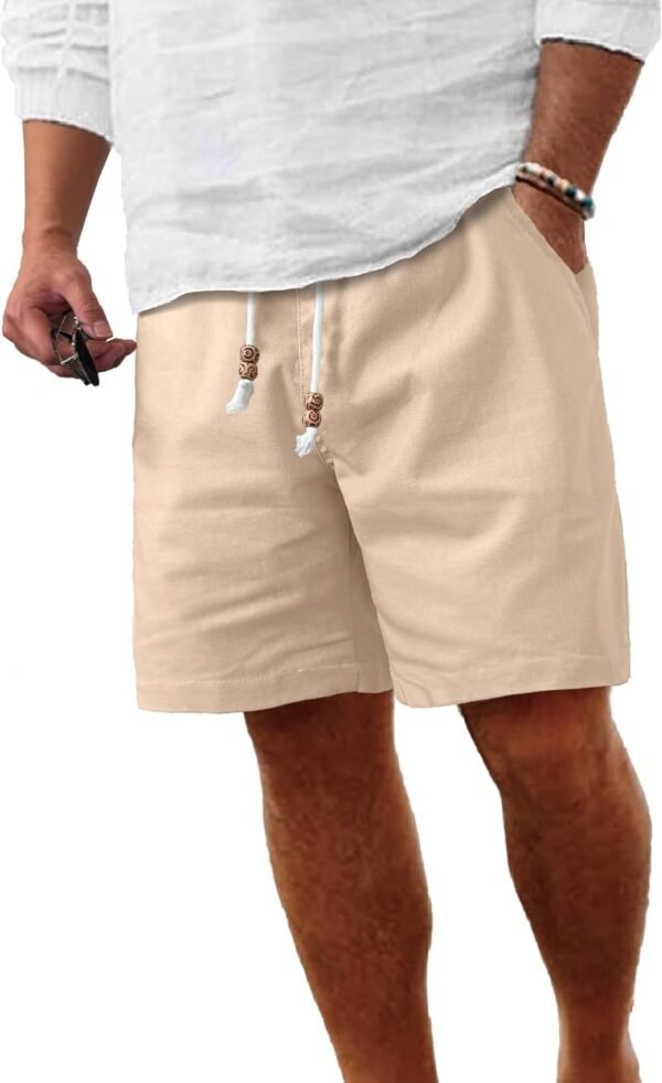 Men's Linen Shorts Casual Elastic Waist Drawstring Summer Beach Vacation Yoga Golf Shorts with Pockets