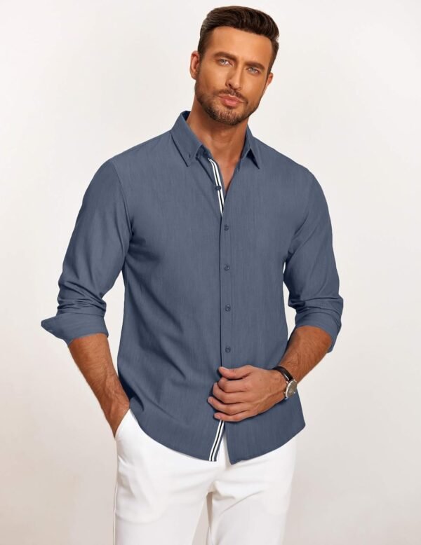 Mens Casual Button Down Shirt Untucked Long Sleeve Stretch Denim Dress Shirt