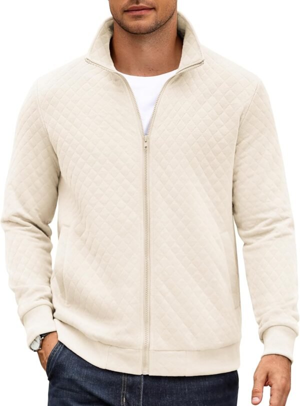 Mens Zip Up Sweatshirt Mock Neck Quilted Jacket Casual Lightweight Sweater Jackets with Pocket