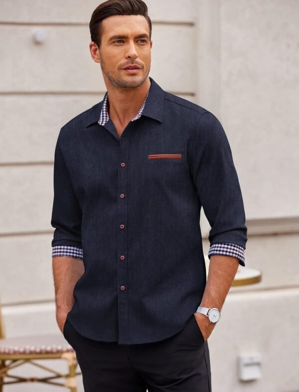 Men's Long Sleeve Casual Button Down Shirts Untucked Shirts Plaid Collar Vintage Denim Shirt