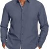 Mens Casual Button Down Shirt Untucked Long Sleeve Stretch Denim Dress Shirt