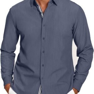 Mens Casual Button Down Shirt Untucked Long Sleeve Stretch Denim Dress Shirt