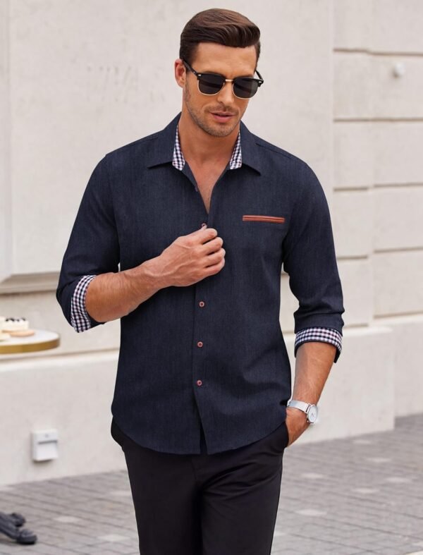 Men's Long Sleeve Casual Button Down Shirts Untucked Shirts Plaid Collar Vintage Denim Shirt