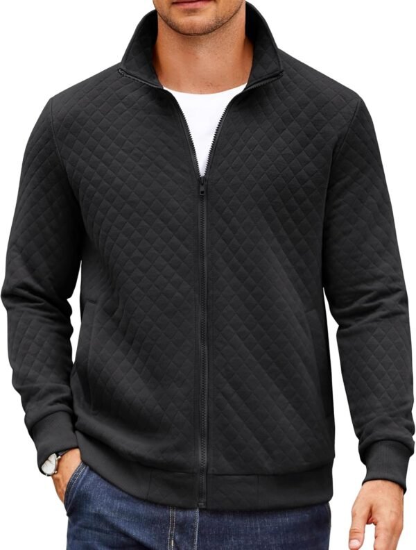 Mens Zip Up Sweatshirt Mock Neck Quilted Jacket Casual Lightweight Sweater Jackets with Pocket