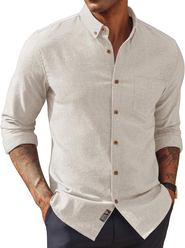 Mens Classic Fit Linen-Cotton Shirt Button Down Long Sleeve Casual Business Shirts
