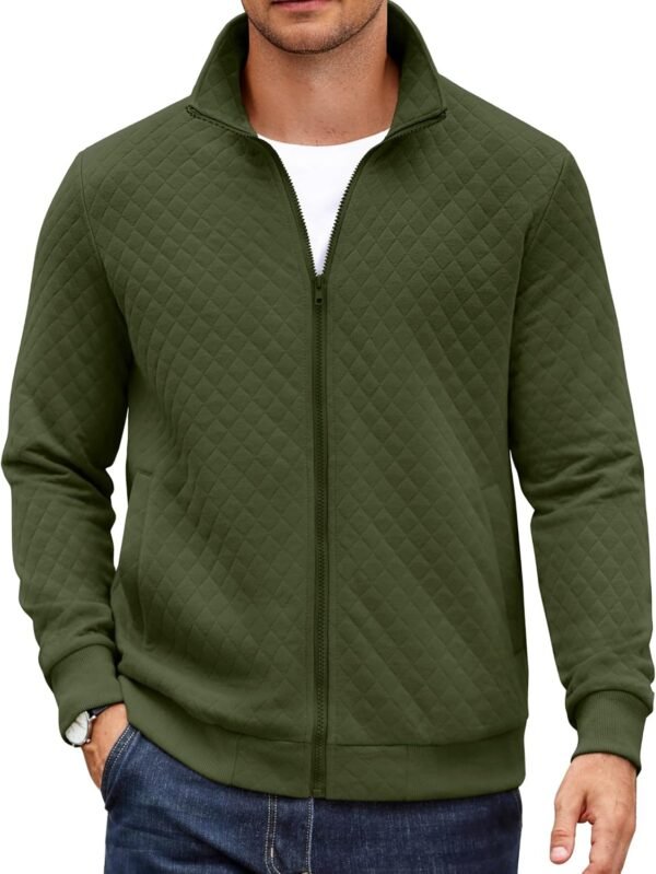 Mens Zip Up Sweatshirt Mock Neck Quilted Jacket Casual Lightweight Sweater Jackets with Pocket