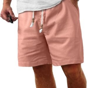 Men's Linen Shorts Casual Elastic Waist Drawstring Summer Beach Vacation Yoga Golf Shorts with Pockets
