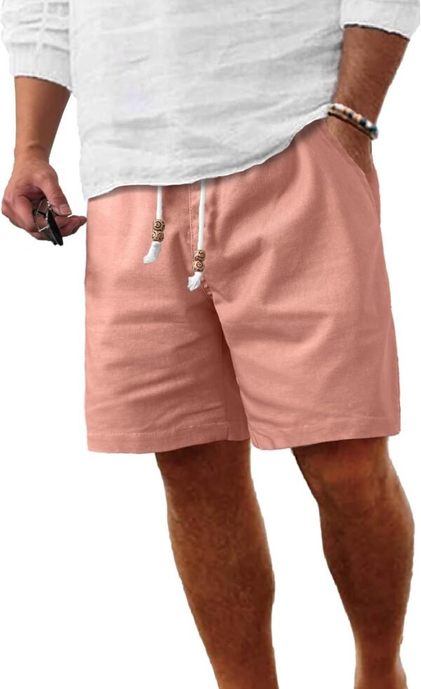 Men's Linen Shorts Casual Elastic Waist Drawstring Summer Beach Vacation Yoga Golf Shorts with Pockets