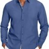 Mens Casual Button Down Shirt Untucked Long Sleeve Stretch Denim Dress Shirt