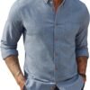 Mens Classic Fit Linen-Cotton Shirt Button Down Long Sleeve Casual Business Shirts
