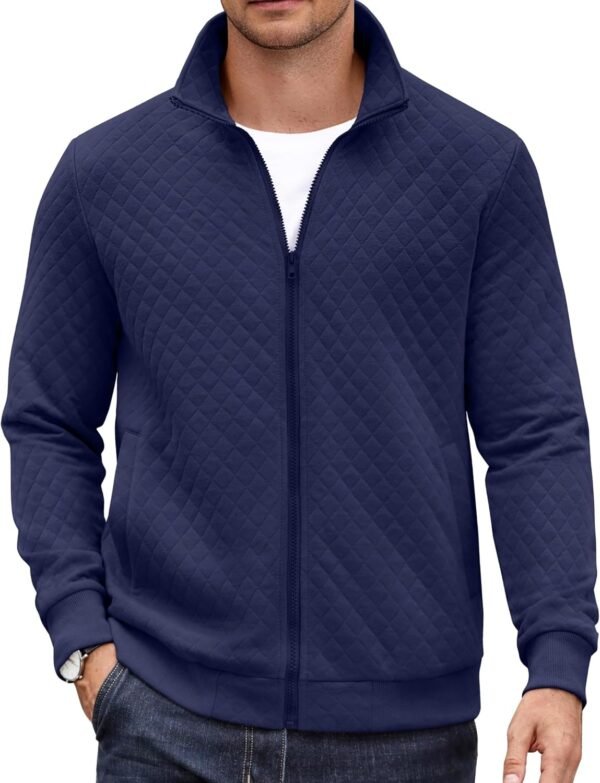Mens Zip Up Sweatshirt Mock Neck Quilted Jacket Casual Lightweight Sweater Jackets with Pocket