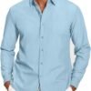 Mens Casual Button Down Shirt Untucked Long Sleeve Stretch Denim Dress Shirt