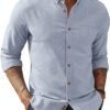 Mens Classic Fit Linen-Cotton Shirt Button Down Long Sleeve Casual Business Shirts