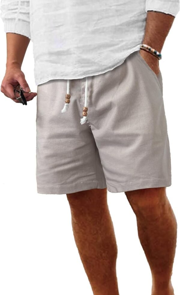 Men's Linen Shorts Casual Elastic Waist Drawstring Summer Beach Vacation Yoga Golf Shorts with Pockets