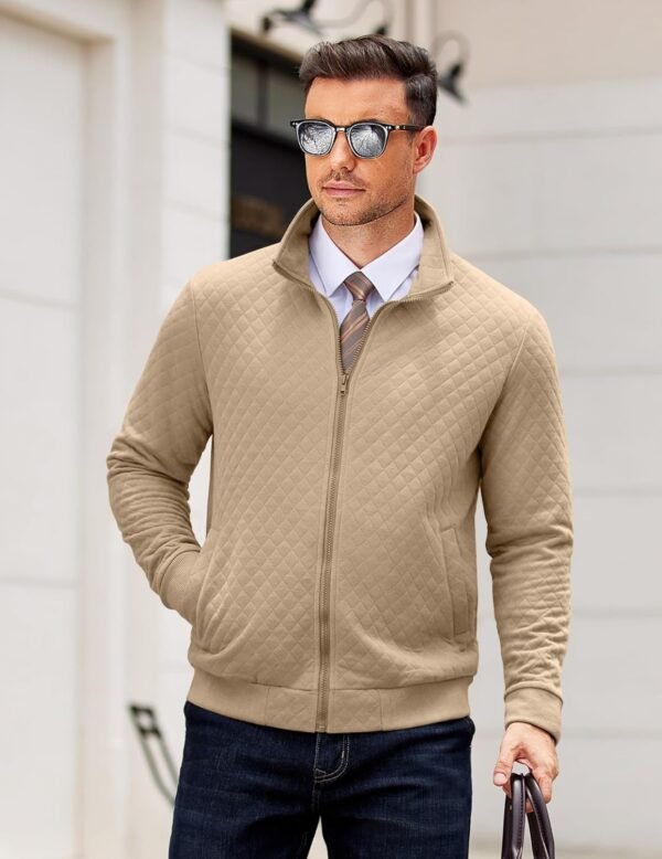 Mens Zip Up Sweatshirt Mock Neck Quilted Jacket Casual Lightweight Sweater Jackets with Pocket
