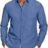 Mens Casual Button Down Shirt Untucked Long Sleeve Stretch Denim Dress Shirt