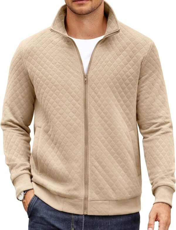 Mens Zip Up Sweatshirt Mock Neck Quilted Jacket Casual Lightweight Sweater Jackets with Pocket