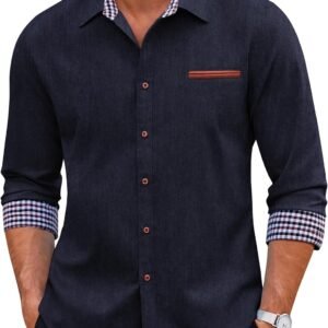 Men's Long Sleeve Casual Button Down Shirts Untucked Shirts Plaid Collar Vintage Denim Shirt