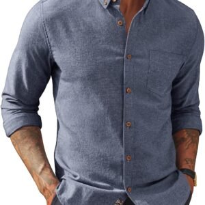 Mens Classic Fit Linen-Cotton Shirt Button Down Long Sleeve Casual Business Shirts