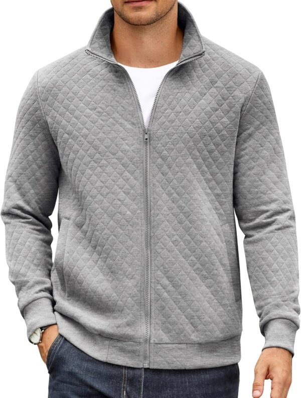 Mens Zip Up Sweatshirt Mock Neck Quilted Jacket Casual Lightweight Sweater Jackets with Pocket