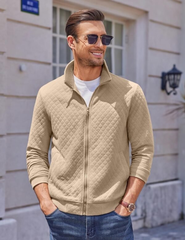 Mens Zip Up Sweatshirt Mock Neck Quilted Jacket Casual Lightweight Sweater Jackets with Pocket