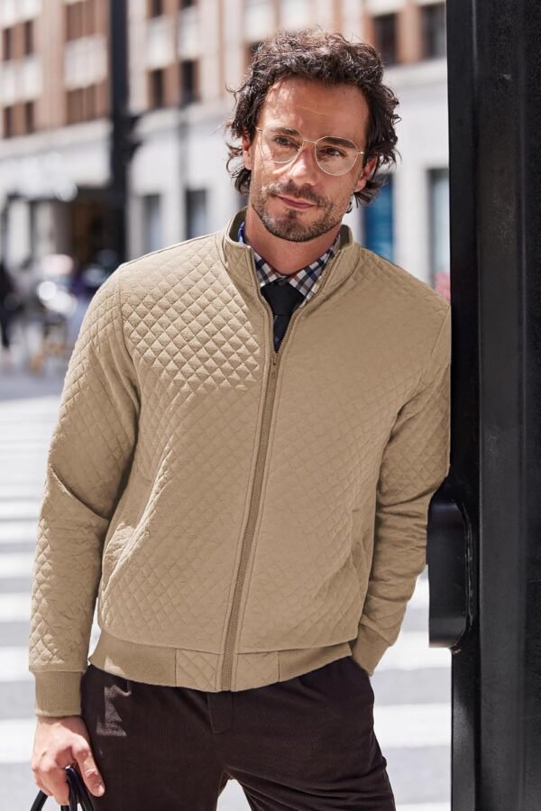 Mens Zip Up Sweatshirt Mock Neck Quilted Jacket Casual Lightweight Sweater Jackets with Pocket