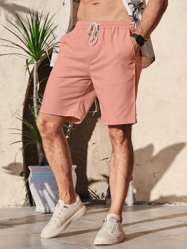 Men's Linen Shorts Casual Elastic Waist Drawstring Summer Beach Vacation Yoga Golf Shorts with Pockets