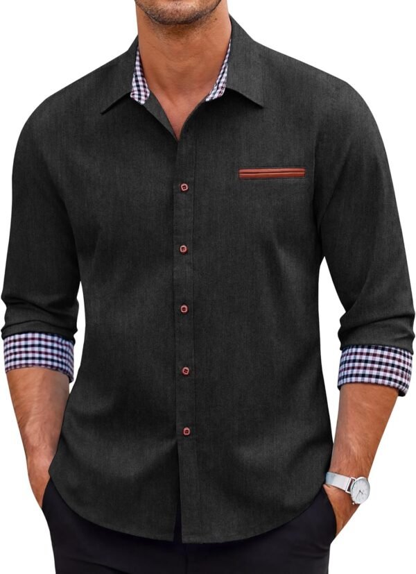 Men's Long Sleeve Casual Button Down Shirts Untucked Shirts Plaid Collar Vintage Denim Shirt