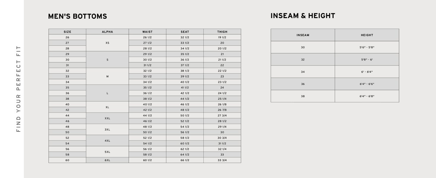 Men's bottoms. Inseam & Height